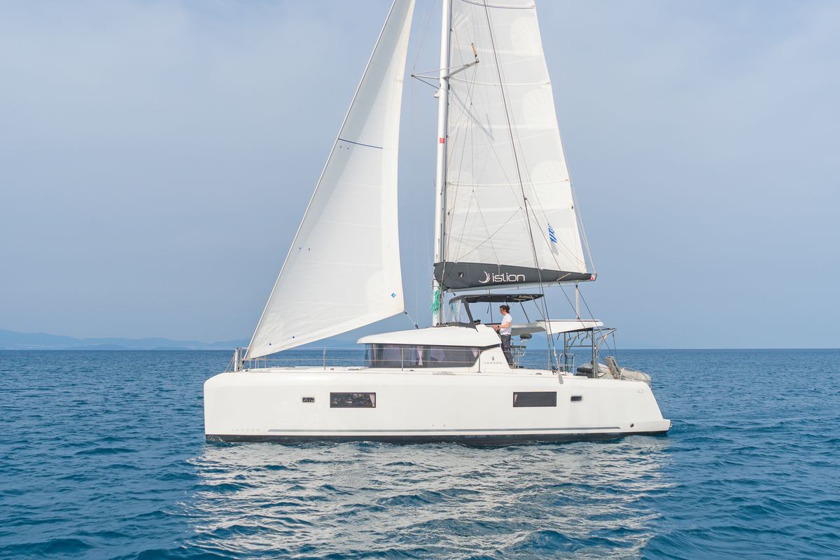 Exterior view of Melissanthi, a Lagoon 42 catamaran at Kos, Greece