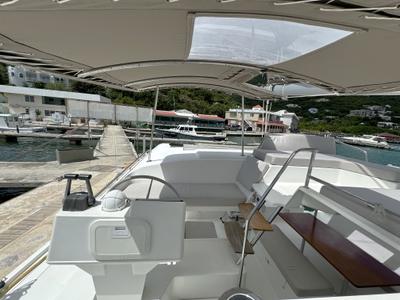 Cockpit of Ohana, a Fountaine Pajot Helia 44 catamaran at Road Town, British Virgin Islands