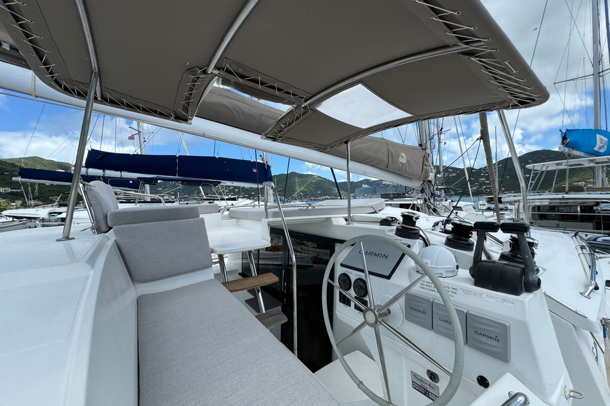 Cockpit of Ohana, a Fountaine Pajot Helia 44 catamaran at Road Town, British Virgin Islands