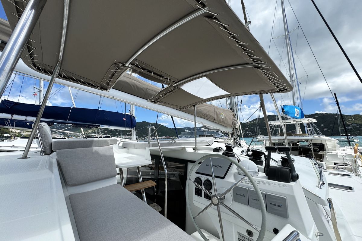 Cockpit of Ohana, a Fountaine Pajot Helia 44 catamaran at Road Town, British Virgin Islands