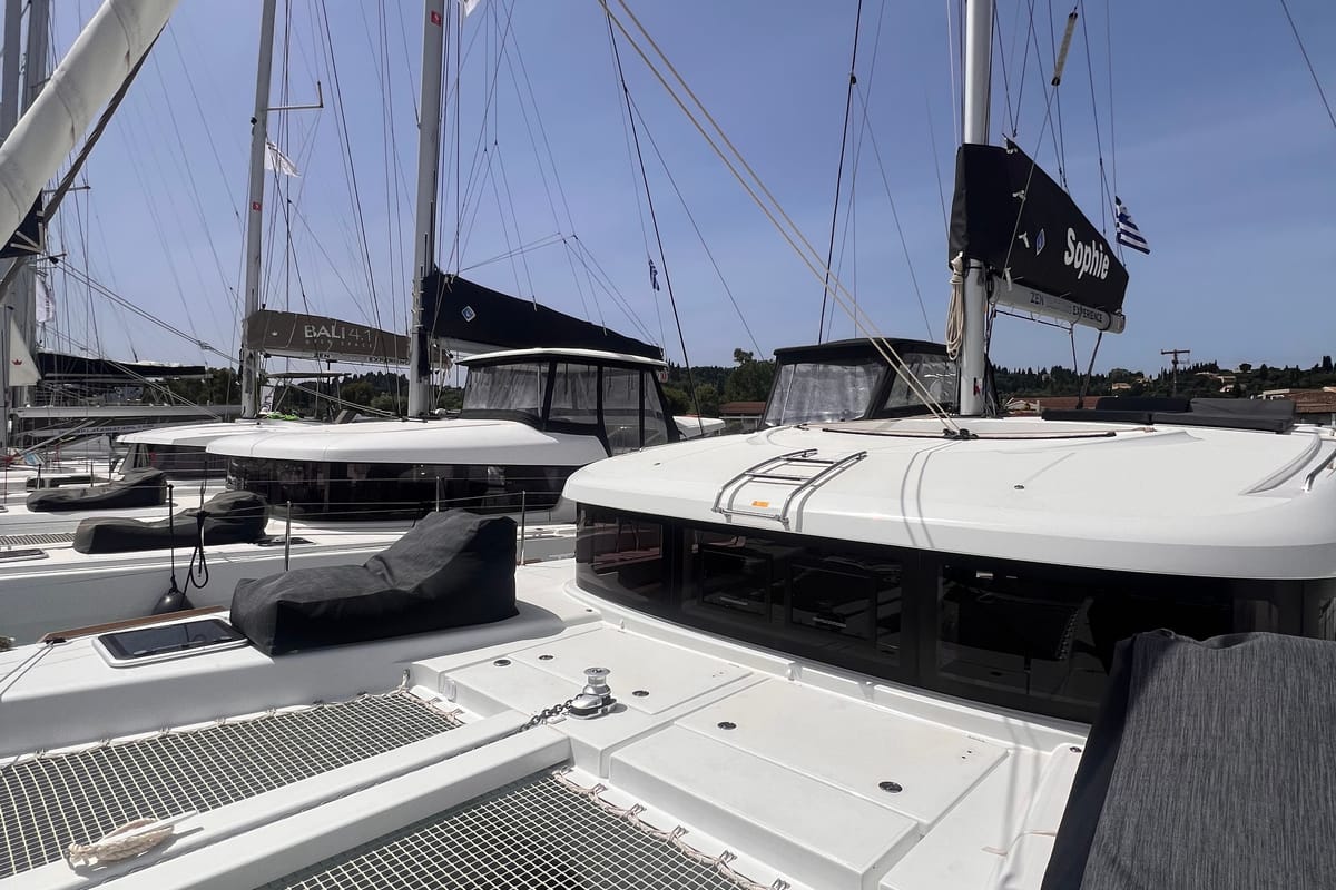 Exterior view of SOPHIE, a Lagoon 40 catamaran at Gouvia, Greece