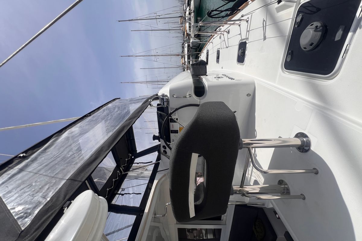 Cockpit of SOPHIE, a Lagoon 40 catamaran at Gouvia, Greece
