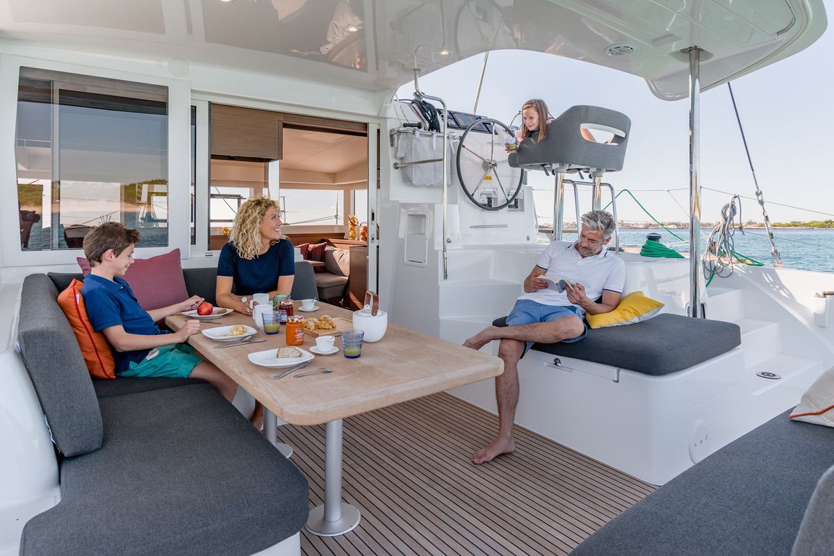 Deck of SOPHIE, a Lagoon 40 catamaran at Gouvia, Greece