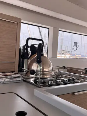 Galley of SOPHIE, a Lagoon 40 catamaran at Gouvia, Greece