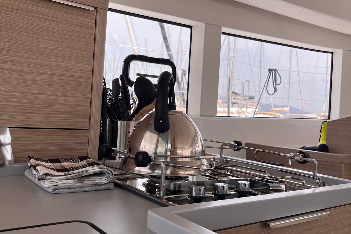 Galley of SOPHIE, a Lagoon 40 catamaran at Gouvia, Greece