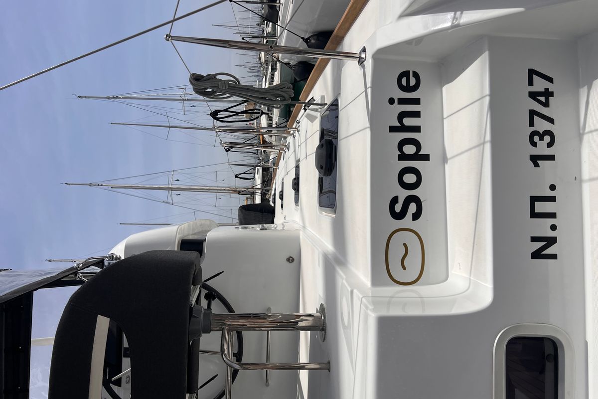 Exterior view of SOPHIE, a Lagoon 40 catamaran at Gouvia, Greece