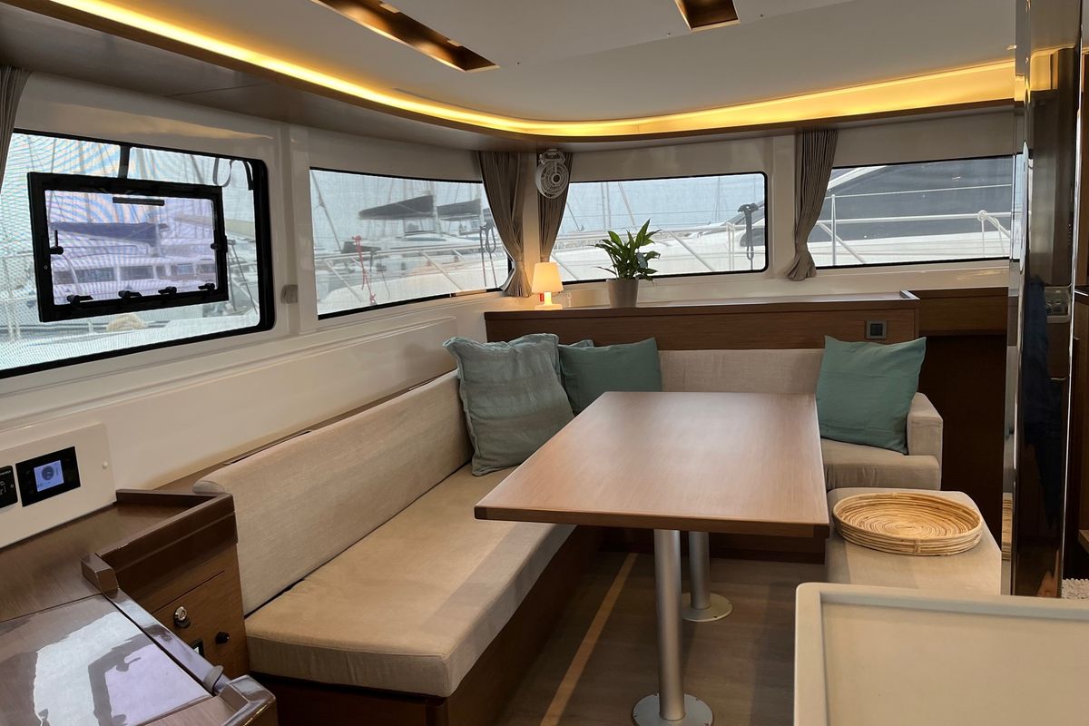 Salon of White Pearl, a Lagoon 46 catamaran at Athens, Greece