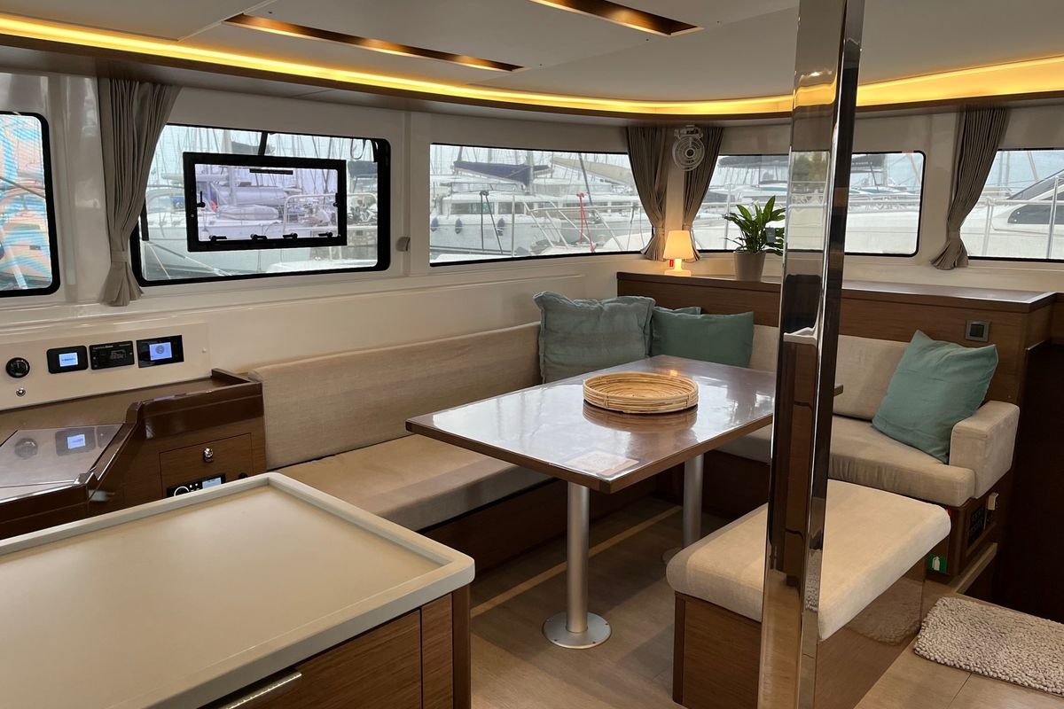 Salon of White Pearl, a Lagoon 46 catamaran at Athens, Greece