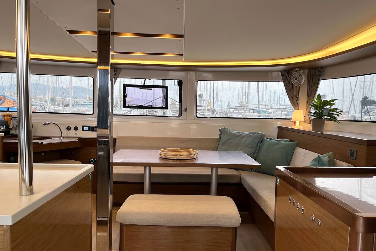 Salon of White Pearl, a Lagoon 46 catamaran at Athens, Greece