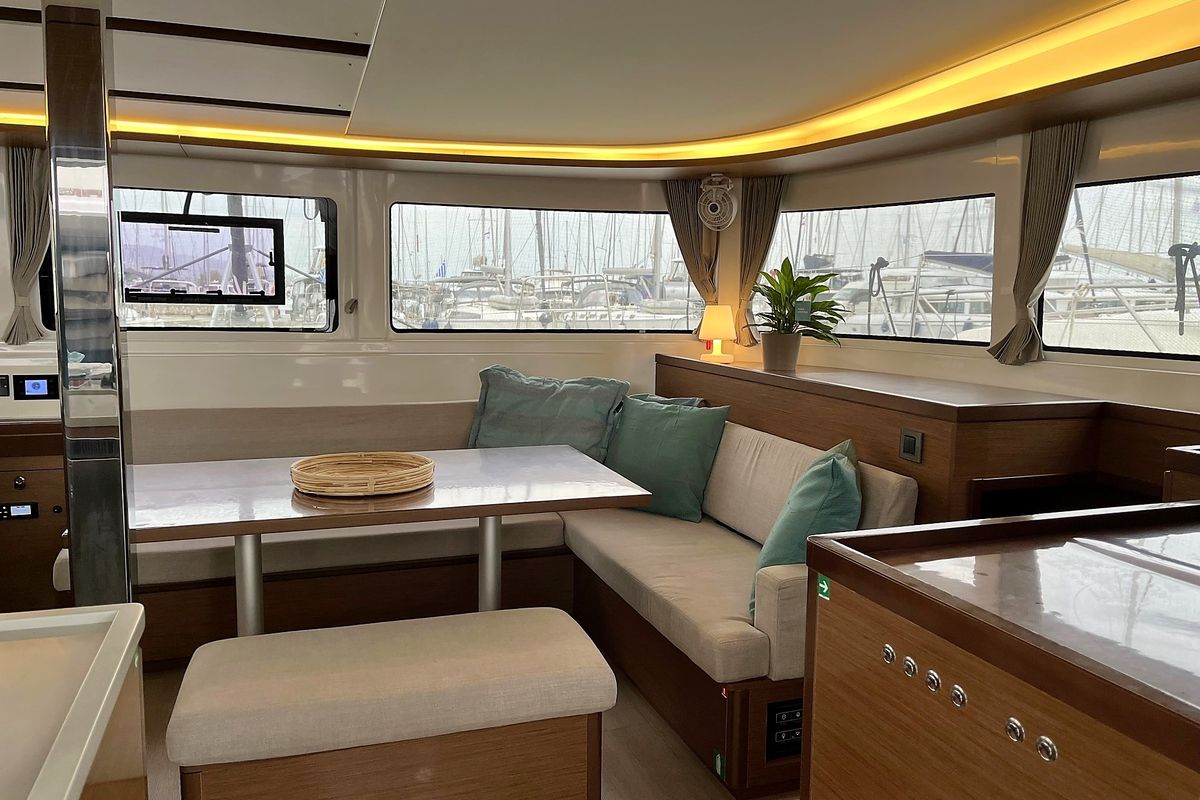 Salon of White Pearl, a Lagoon 46 catamaran at Athens, Greece