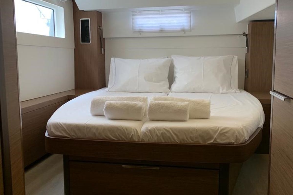 Cabin on White Pearl, a Lagoon 46 catamaran at Athens, Greece