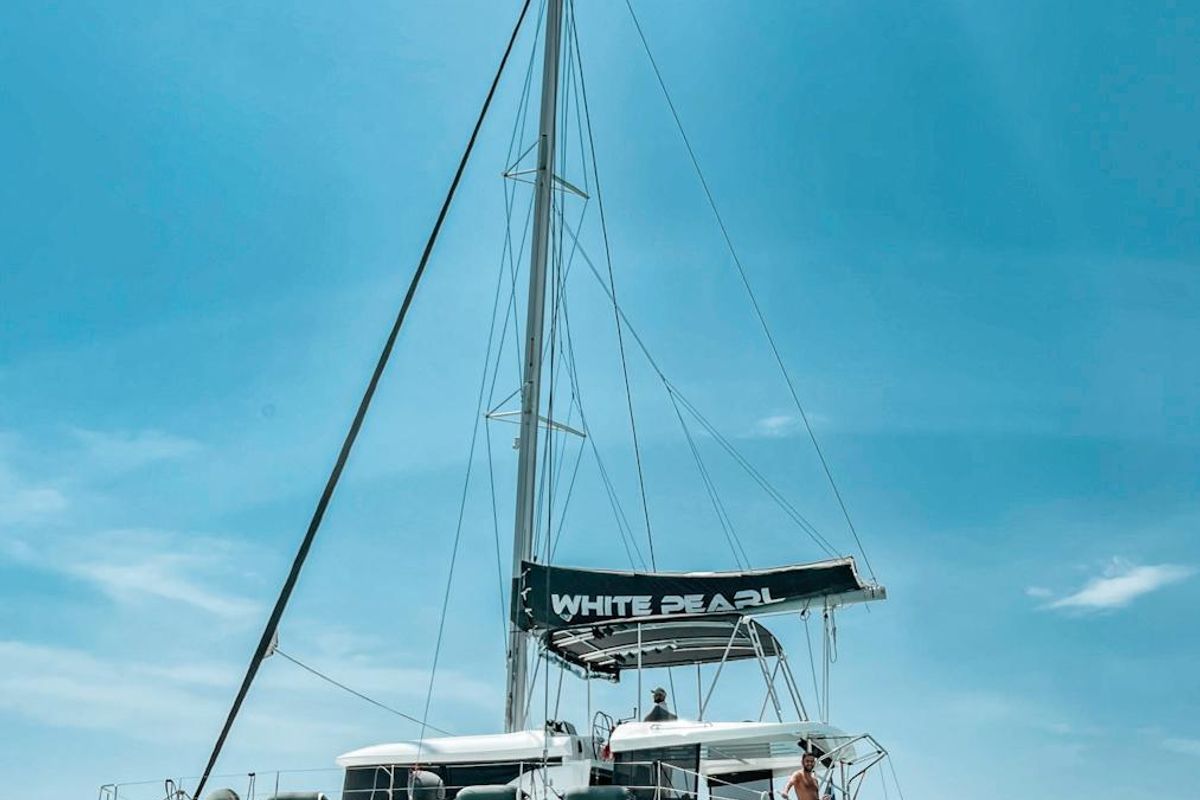 Exterior view of White Pearl, a Lagoon 46 catamaran at Athens, Greece