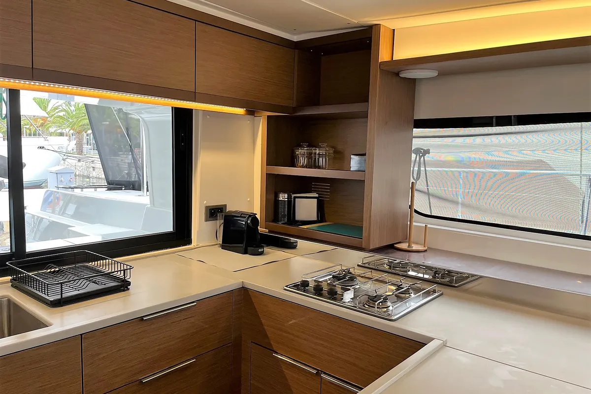 Galley of White Pearl, a Lagoon 46 catamaran at Athens, Greece