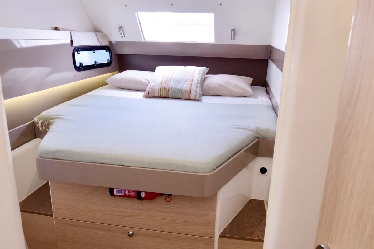 Cabin on Enya, a Bali 4.1 catamaran at Cannigione, Italy