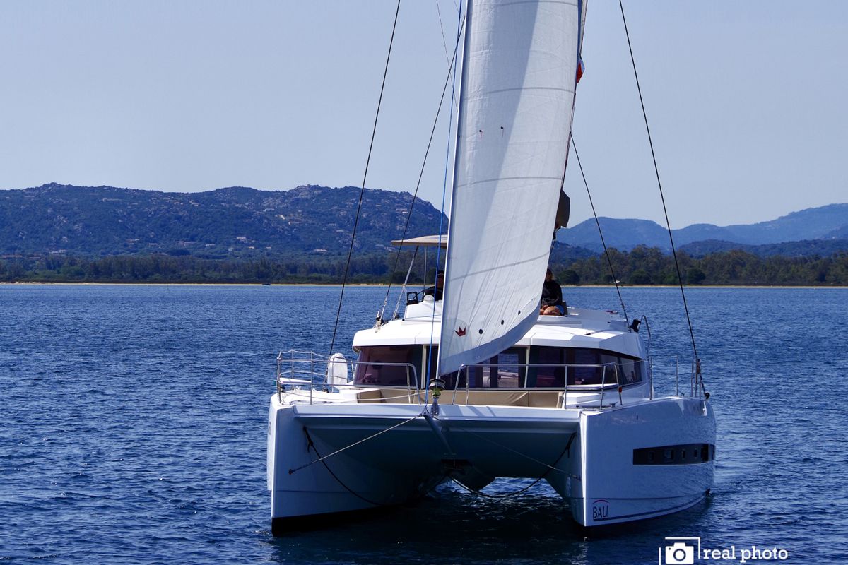 Exterior view of Enya, a Bali 4.1 catamaran at Cannigione, Italy