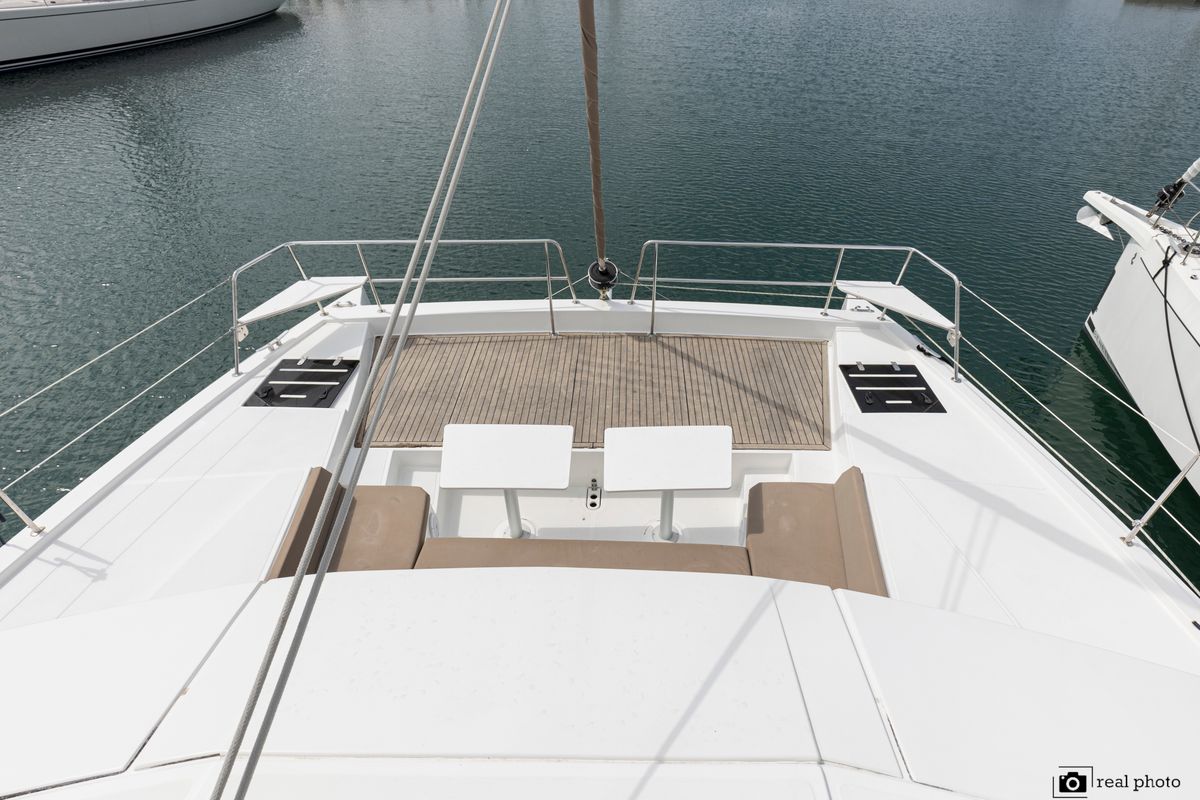 Deck of Enya, a Bali 4.1 catamaran at Cannigione, Italy