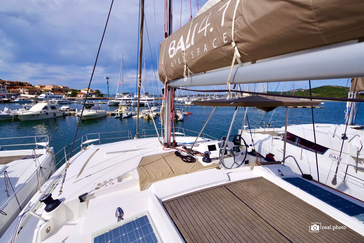 Deck of Enya, a Bali 4.1 catamaran at Cannigione, Italy
