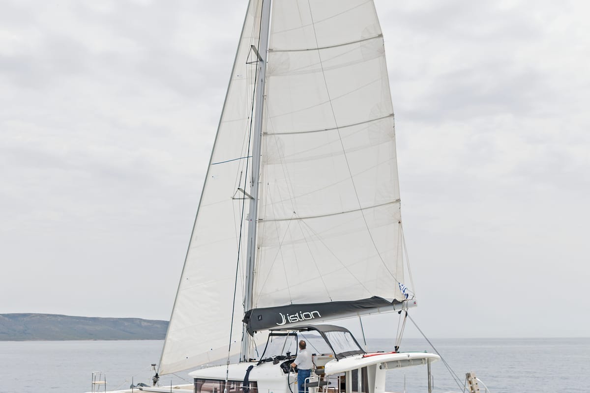Exterior view of Libre, a Lagoon 400 S2 catamaran at Lavreotiki Municipal Unit, Greece