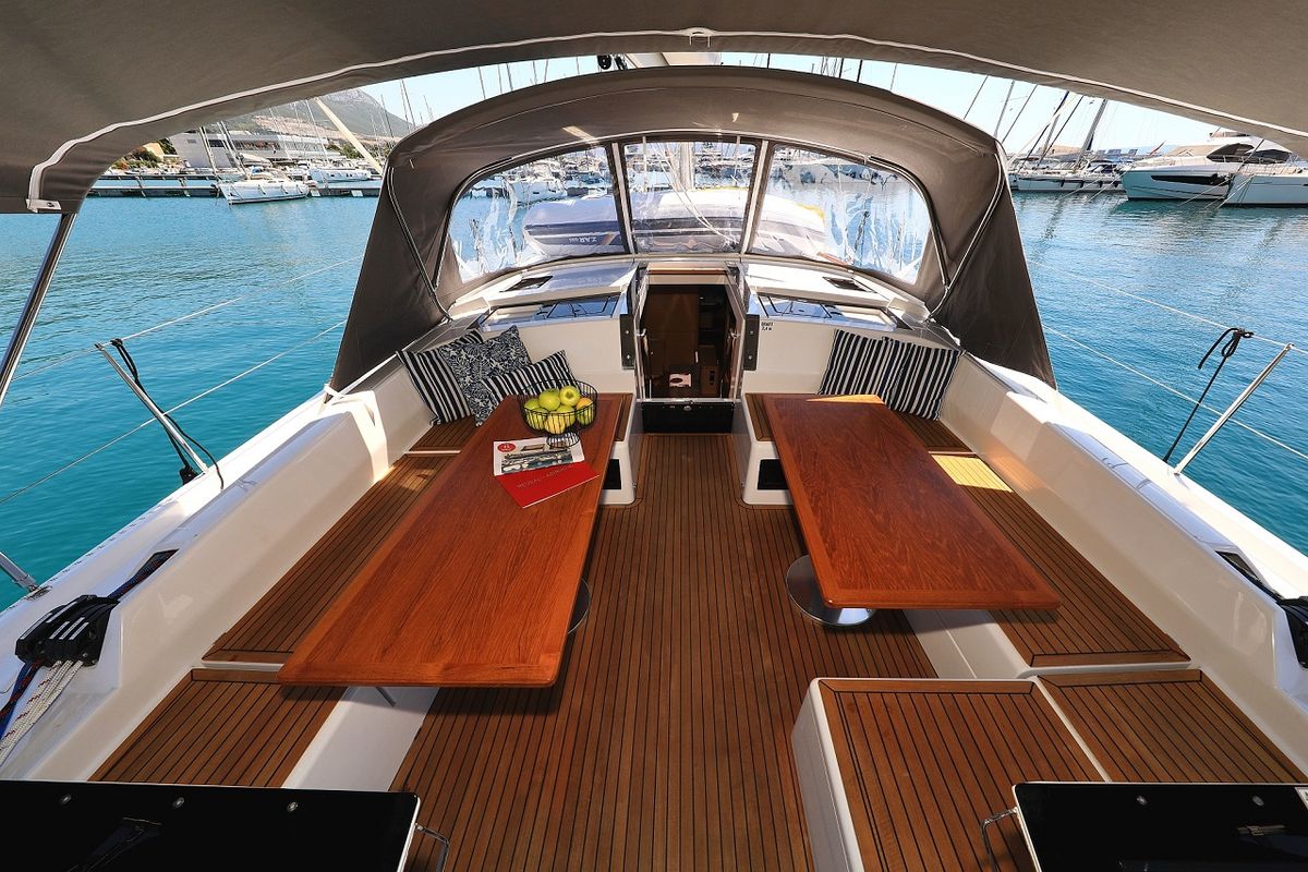 Cockpit of Miss Moneypenny, a Hanse Yachts Hanse 460 sailboat at Grad Kaštela, Croatia