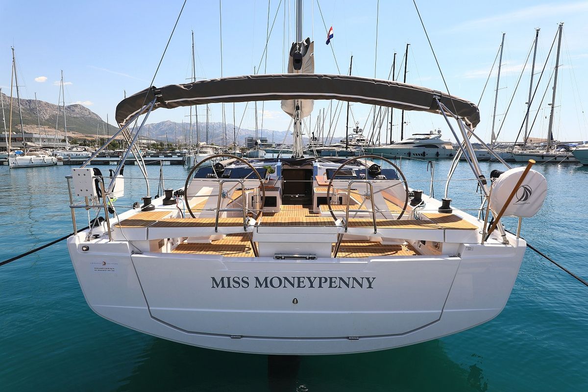 Exterior view of Miss Moneypenny, a Hanse Yachts Hanse 460 sailboat at Grad Kaštela, Croatia