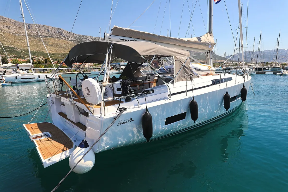 Exterior view of Miss Moneypenny, a Hanse Yachts Hanse 460 sailboat at Grad Kaštela, Croatia