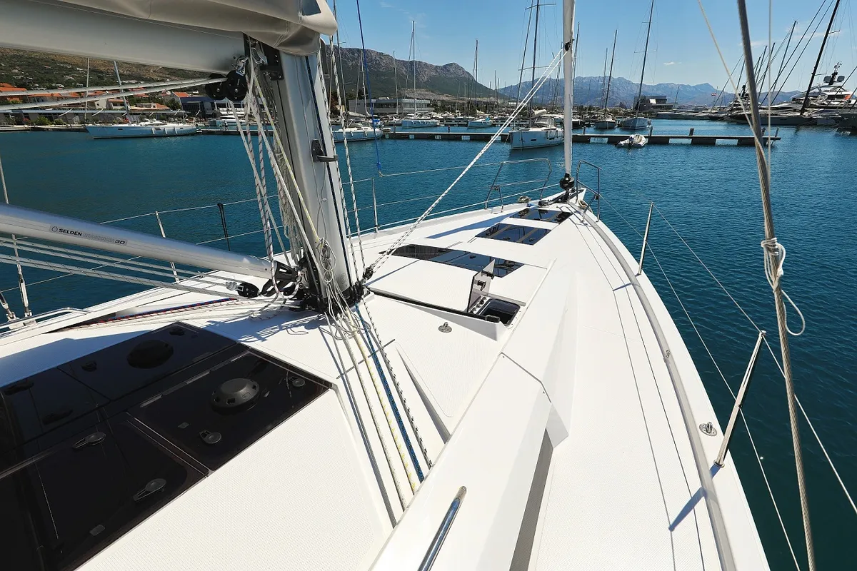 Deck of Miss Moneypenny, a Hanse Yachts Hanse 460 sailboat at Grad Kaštela, Croatia