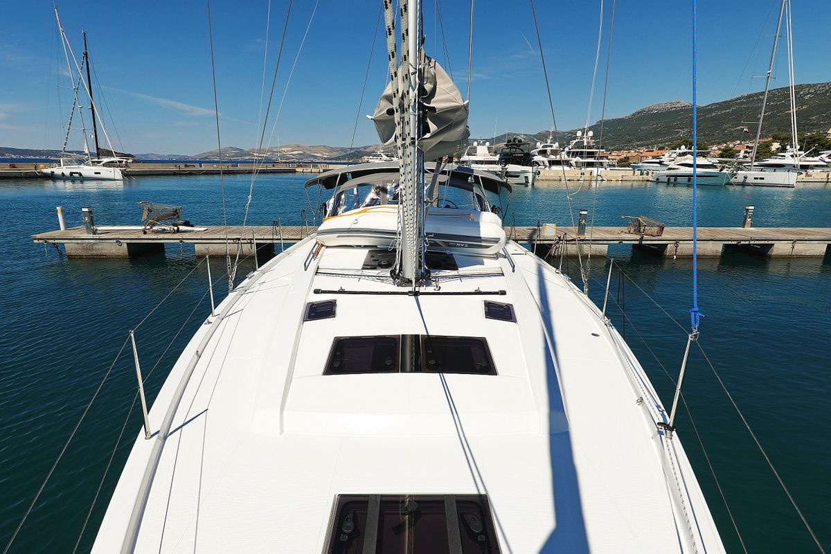 Deck of Miss Moneypenny, a Hanse Yachts Hanse 460 sailboat at Grad Kaštela, Croatia