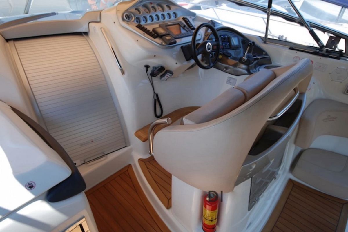 Cockpit of Tottoi, a Cranchi Zaffiro 36 motorboat at Cannigione, Italy