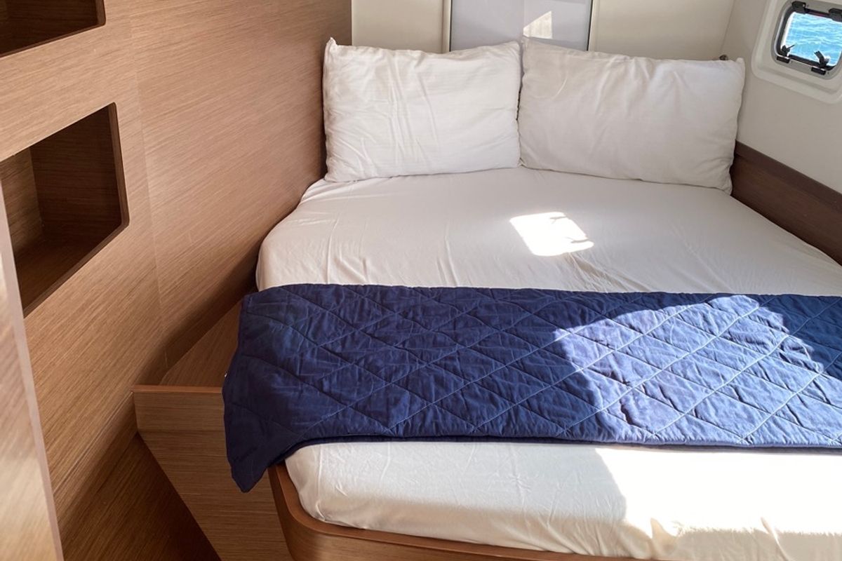 Cabin on Felis, a Lagoon 42 catamaran at Olbia, Italy
