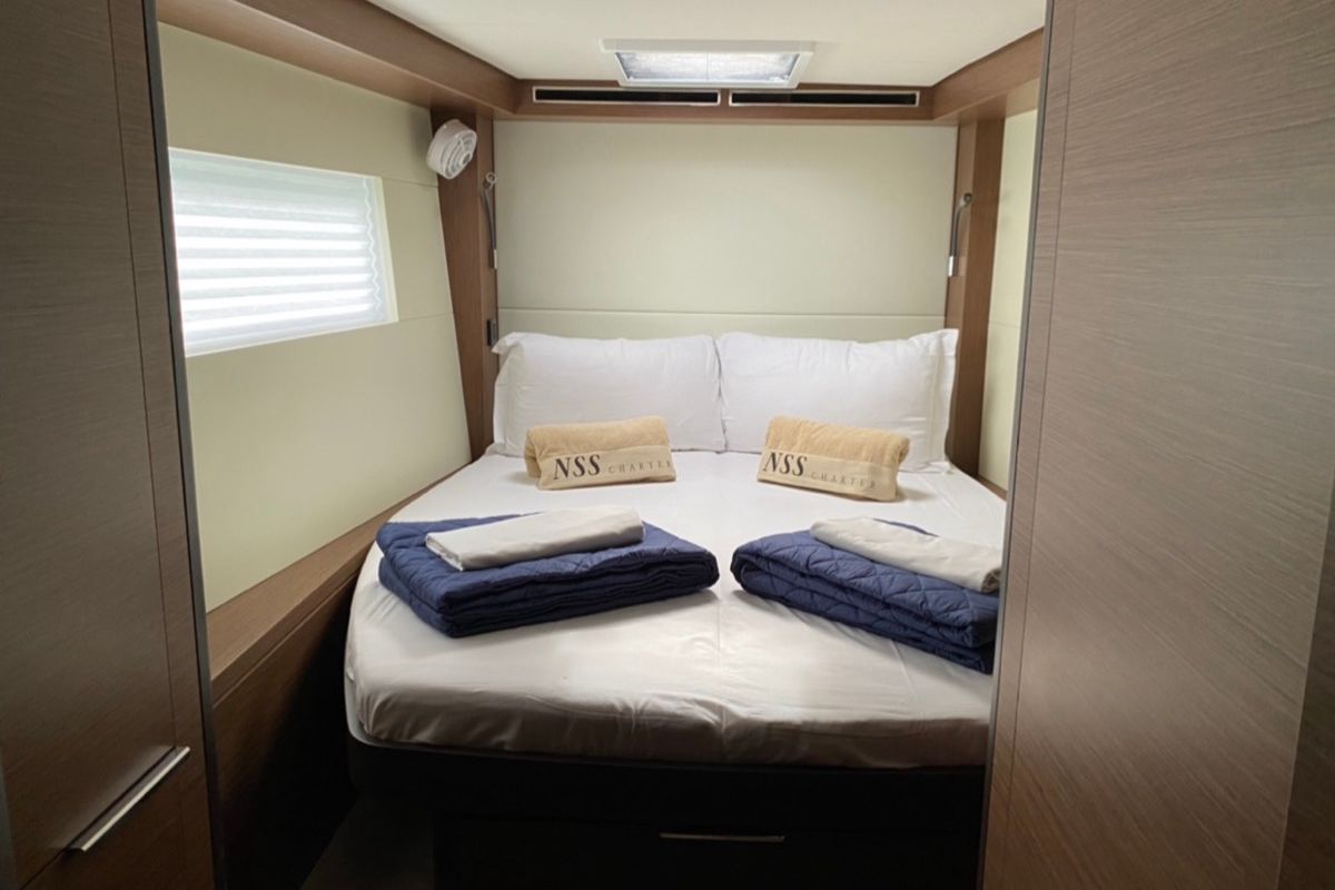 Cabin on Dreamers, a Lagoon 50 catamaran at Olbia, Italy