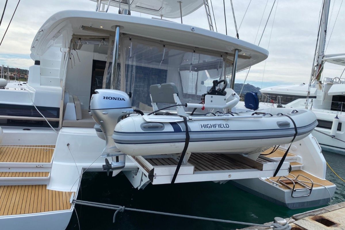 Exterior view of Dreamers, a Lagoon 50 catamaran at Olbia, Italy