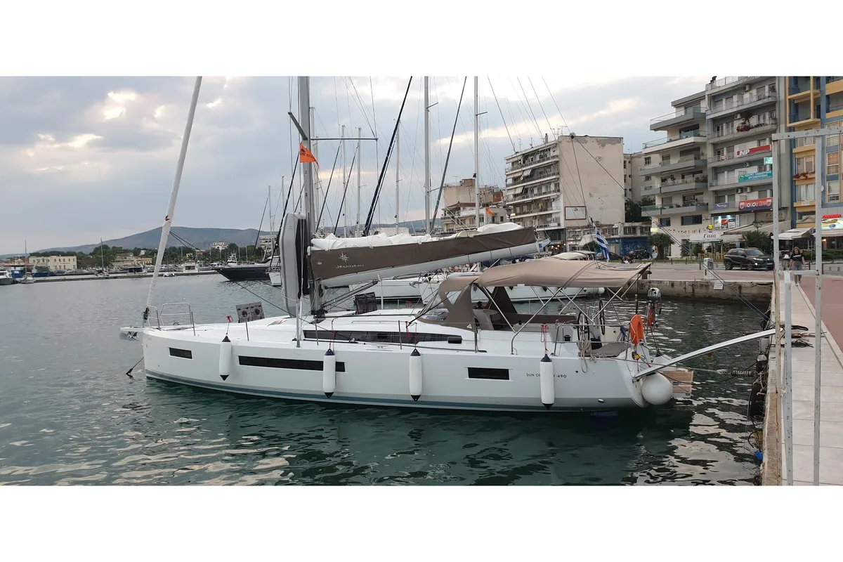 Exterior view of Helia, a Jeanneau Sun Odyssey 490 sailboat at Volos Municipality, Greece