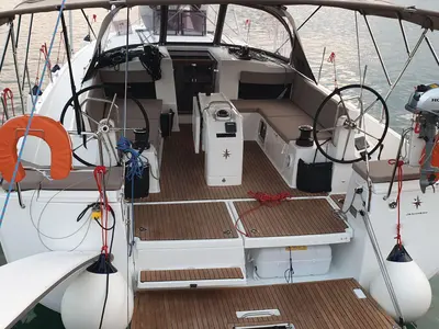 Cockpit of Helia, a Jeanneau Sun Odyssey 490 sailboat at Volos Municipality, Greece