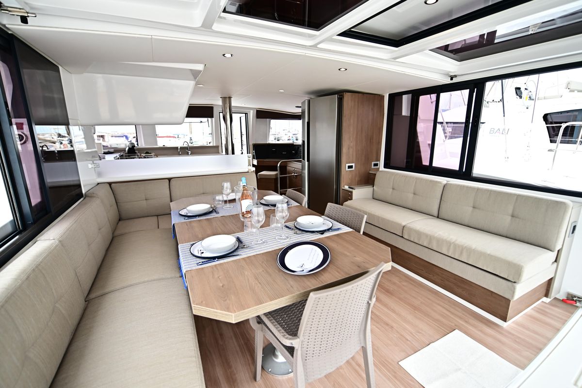 Salon of SKYFALL, a Bali 4.4 catamaran at Tonnarella, Italy