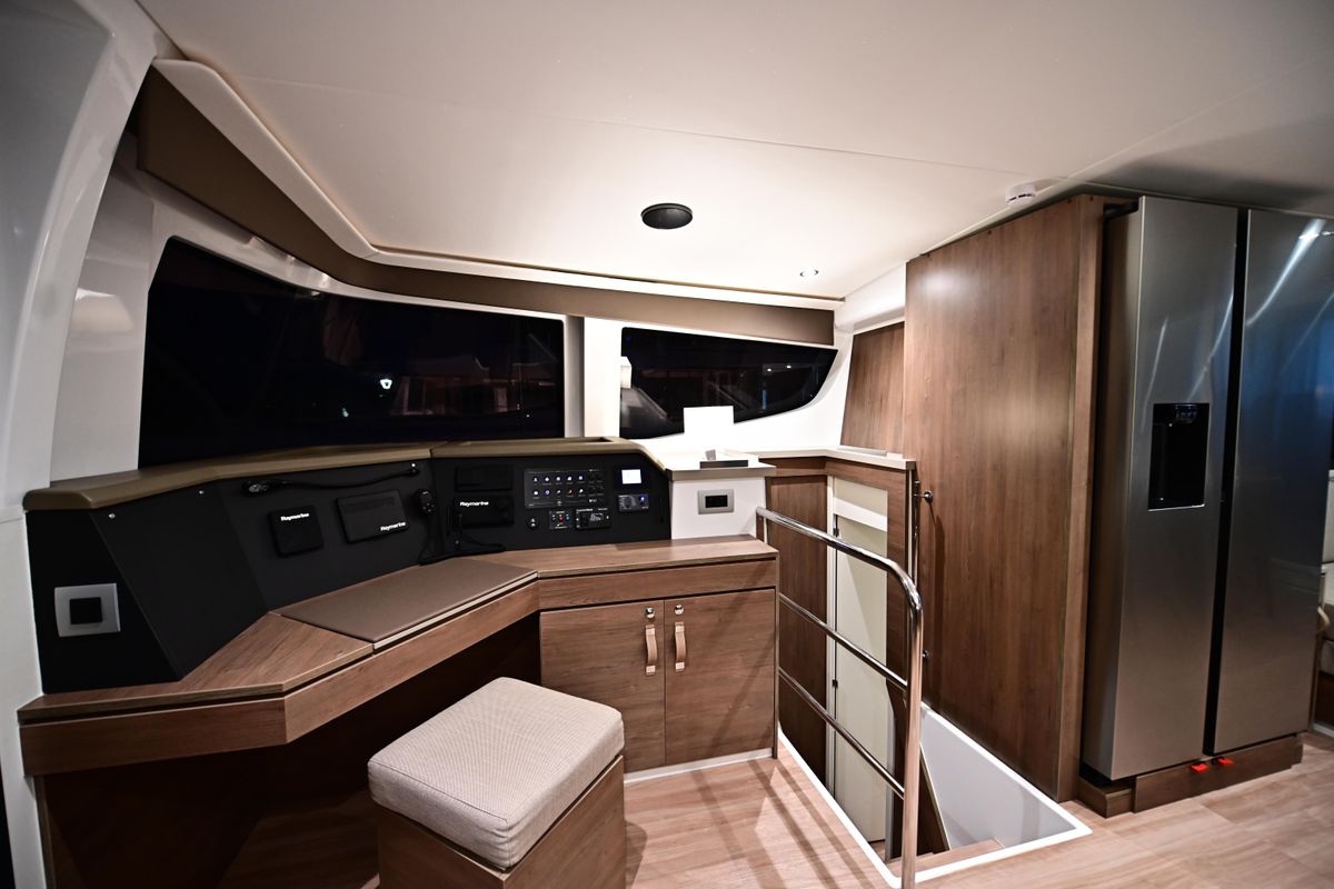 Cockpit of SKYFALL, a Bali 4.4 catamaran at Tonnarella, Italy