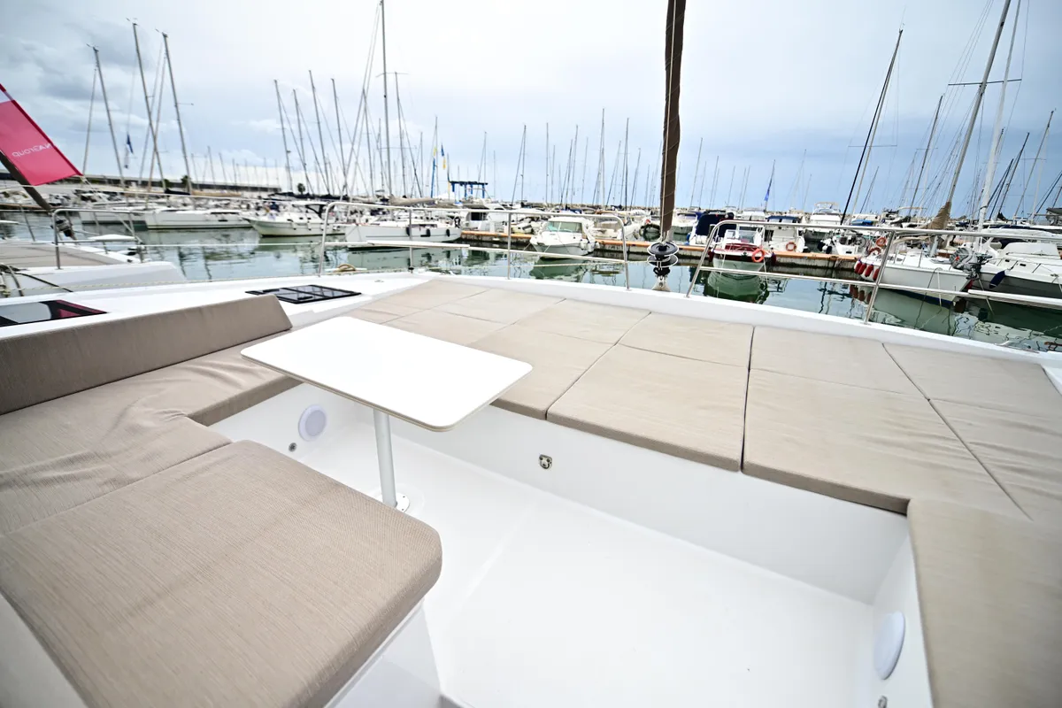 Deck of SKYFALL, a Bali 4.4 catamaran at Tonnarella, Italy
