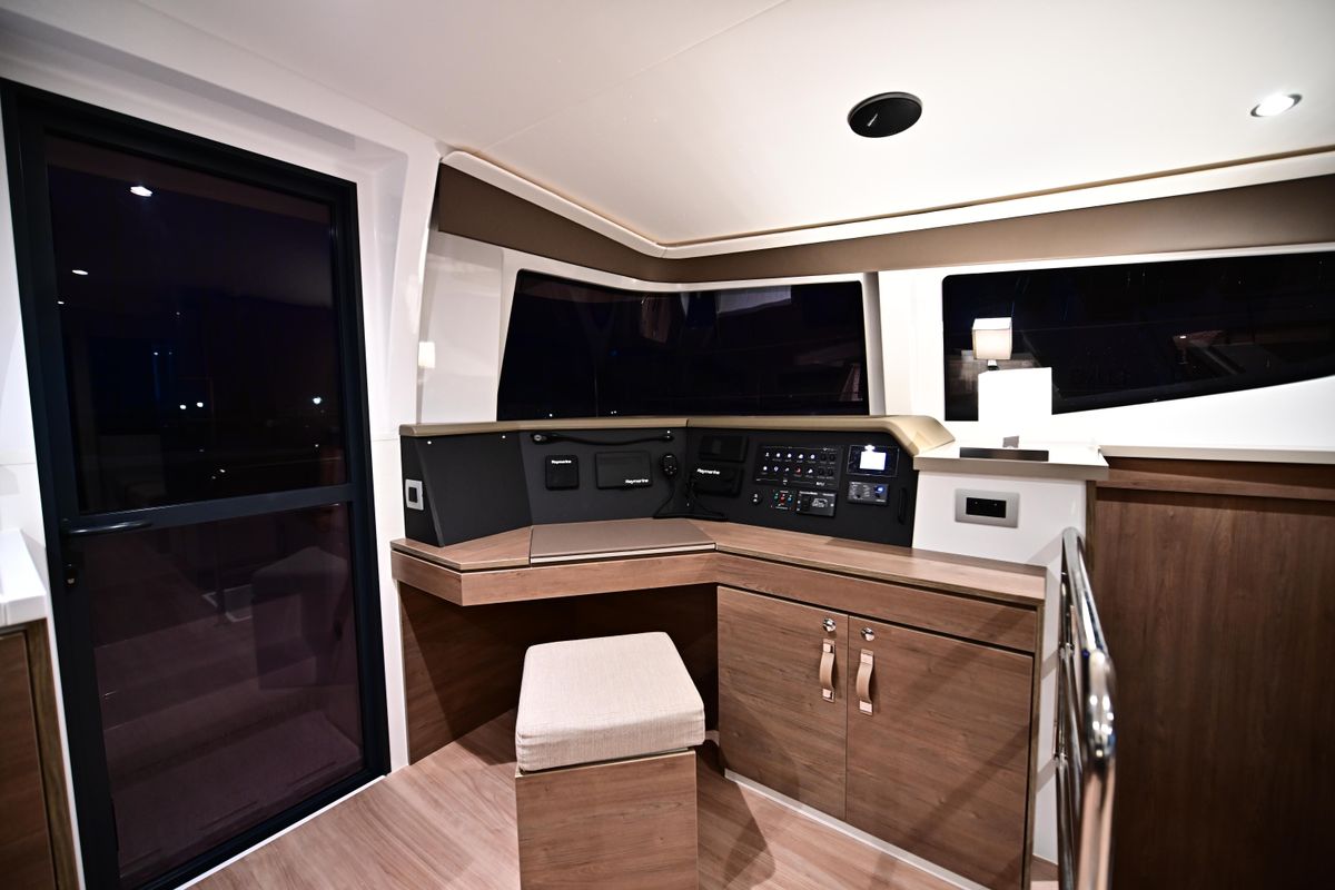 Cockpit of SKYFALL, a Bali 4.4 catamaran at Tonnarella, Italy