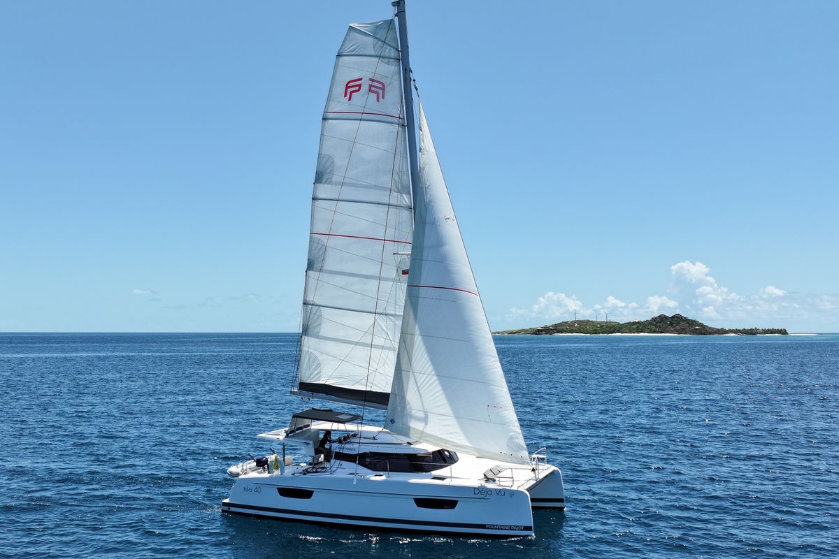 Exterior view of Déjà Vu, a Fountaine Pajot Isla 40 catamaran at Road Town, British Virgin Islands