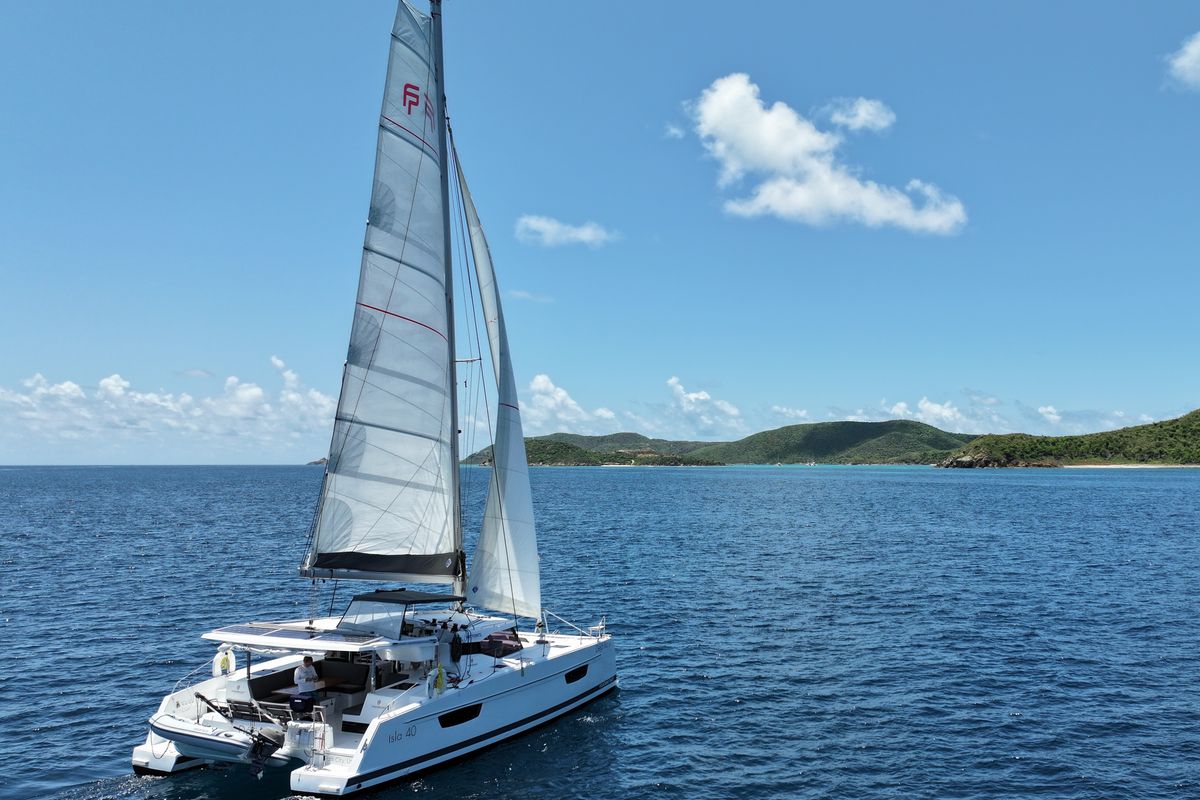 Exterior view of Déjà Vu, a Fountaine Pajot Isla 40 catamaran at Road Town, British Virgin Islands
