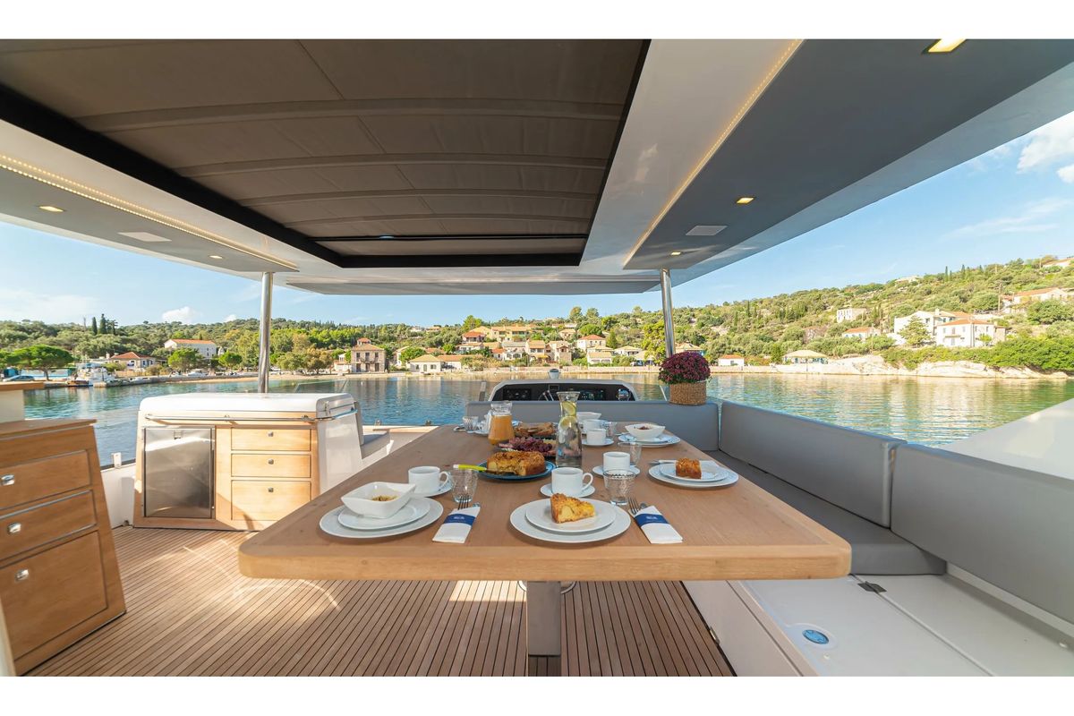 Deck of Kamchatka, a Aventura Catamarans Aventura 50 MY catamaran at Athens, Greece