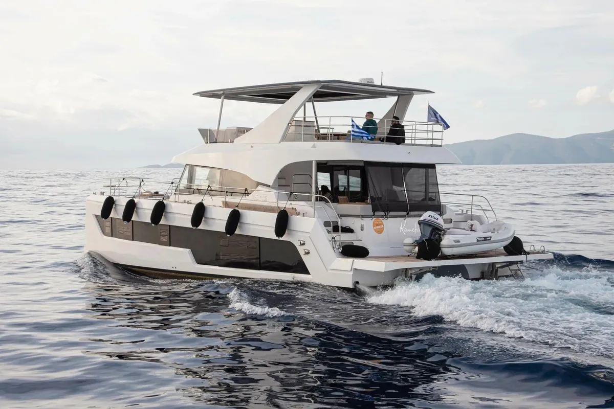 Exterior view of Kamchatka, a Aventura Catamarans Aventura 50 MY catamaran at Athens, Greece