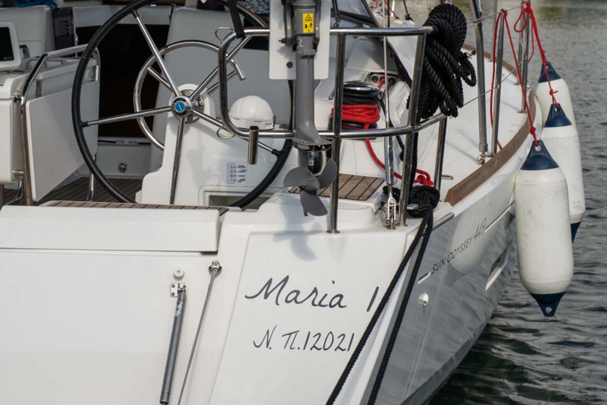 Exterior view of Maria 1, a Jeanneau Sun Odyssey 449 sailboat at Athens, Greece
