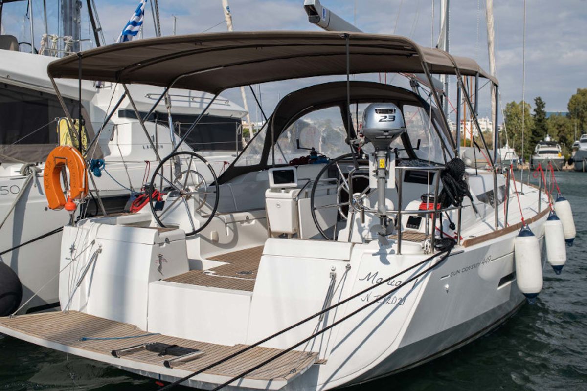 Exterior view of Maria 1, a Jeanneau Sun Odyssey 449 sailboat at Athens, Greece