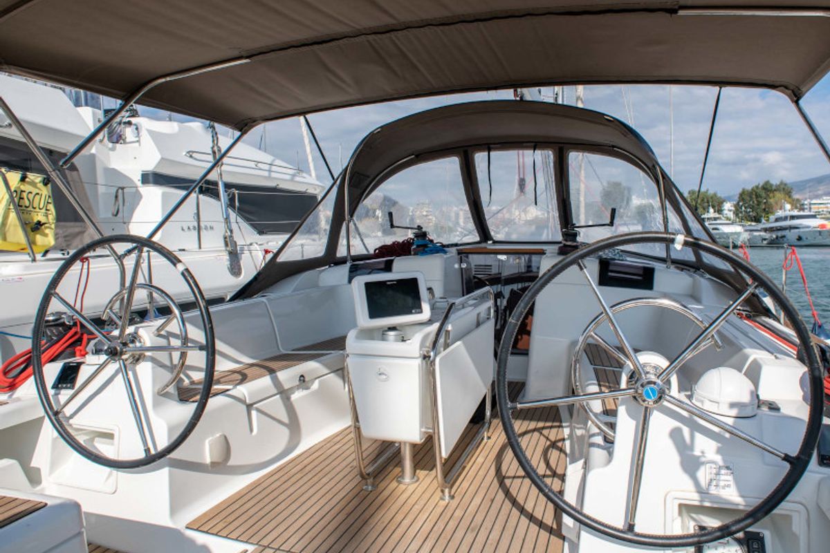 Cockpit of Maria 1, a Jeanneau Sun Odyssey 449 sailboat at Athens, Greece