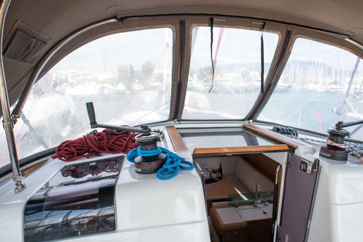 Cockpit of Maria 1, a Jeanneau Sun Odyssey 449 sailboat at Athens, Greece