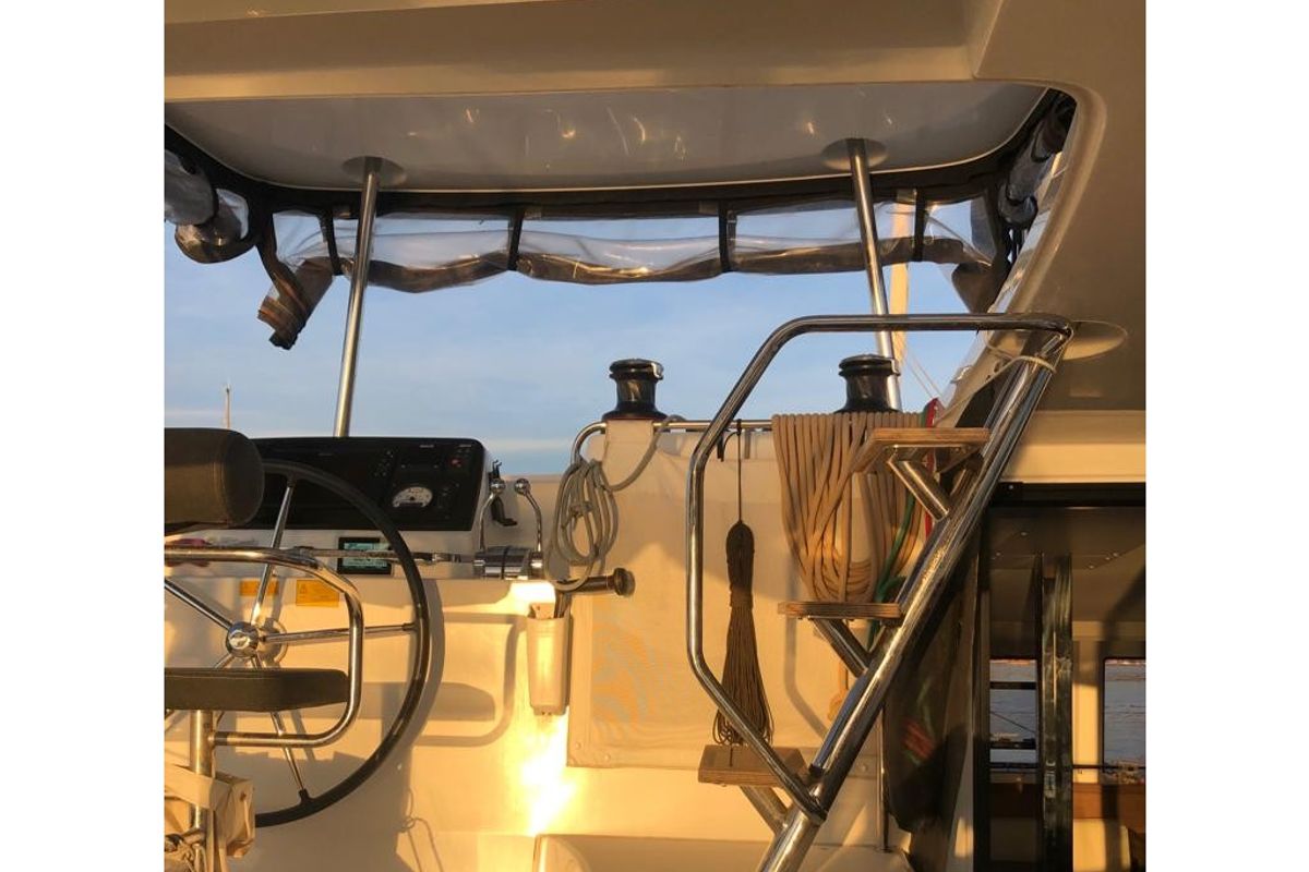 Cockpit of Kireina, a Lagoon 42 catamaran at Portoferraio, Italy