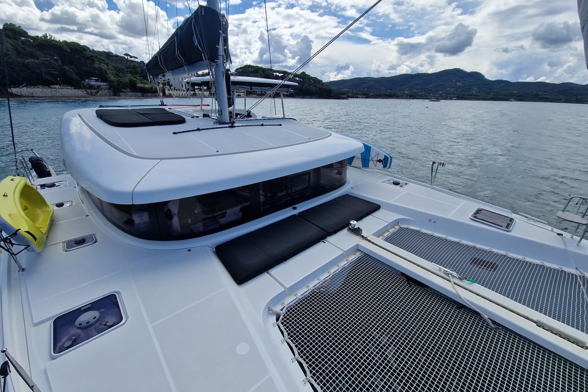Exterior view of Kireina, a Lagoon 42 catamaran at Portoferraio, Italy