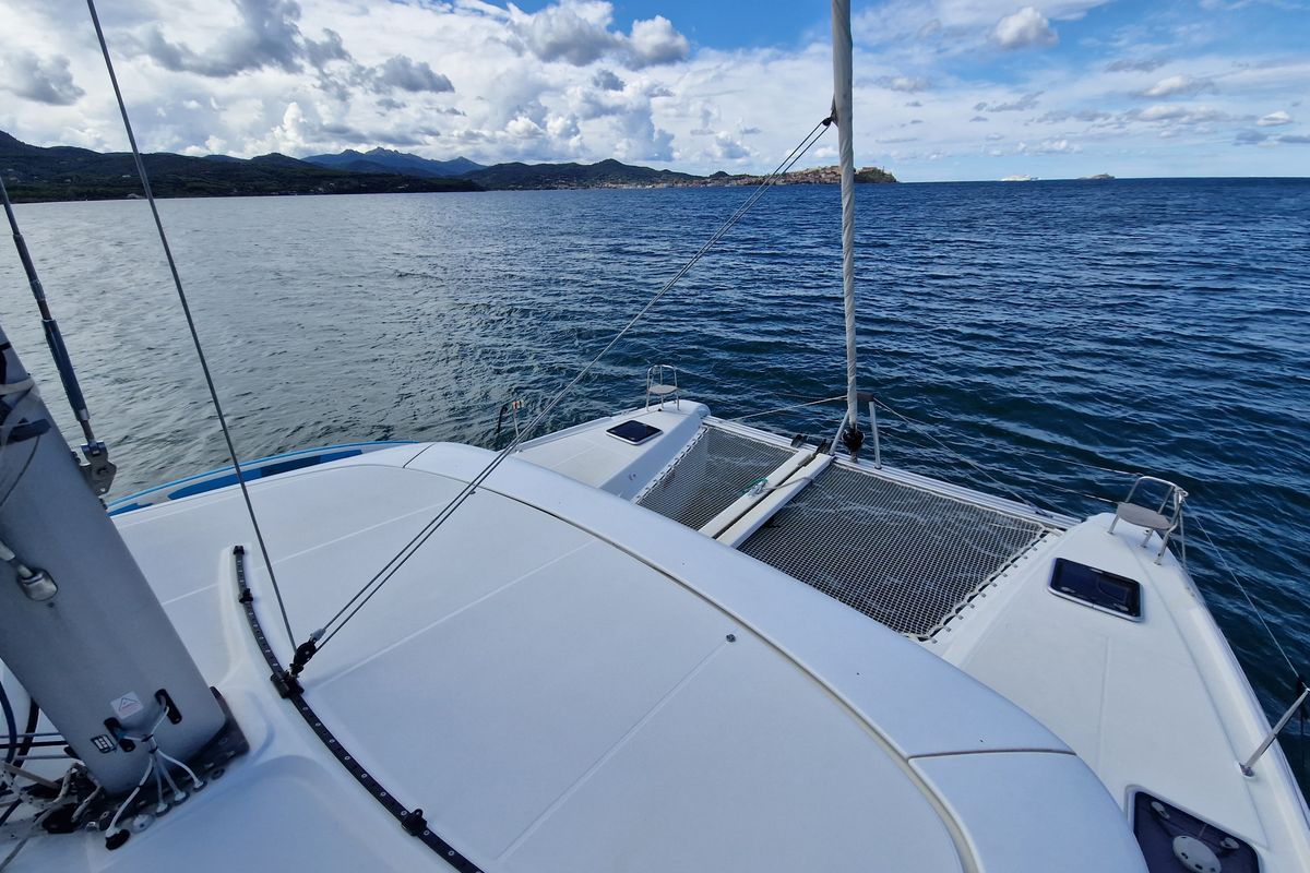 Exterior view of Kireina, a Lagoon 42 catamaran at Portoferraio, Italy