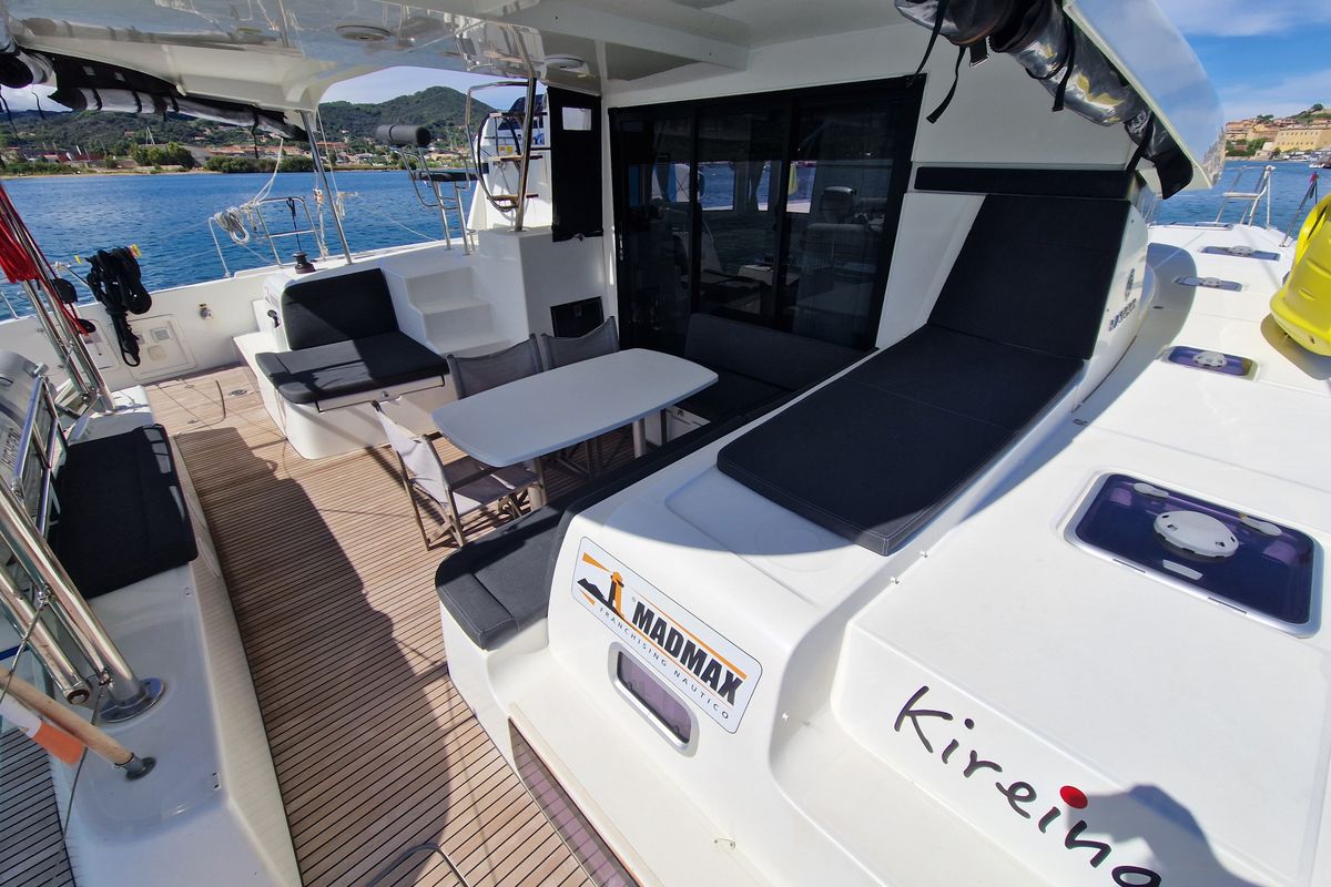 Deck of Kireina, a Lagoon 42 catamaran at Portoferraio, Italy