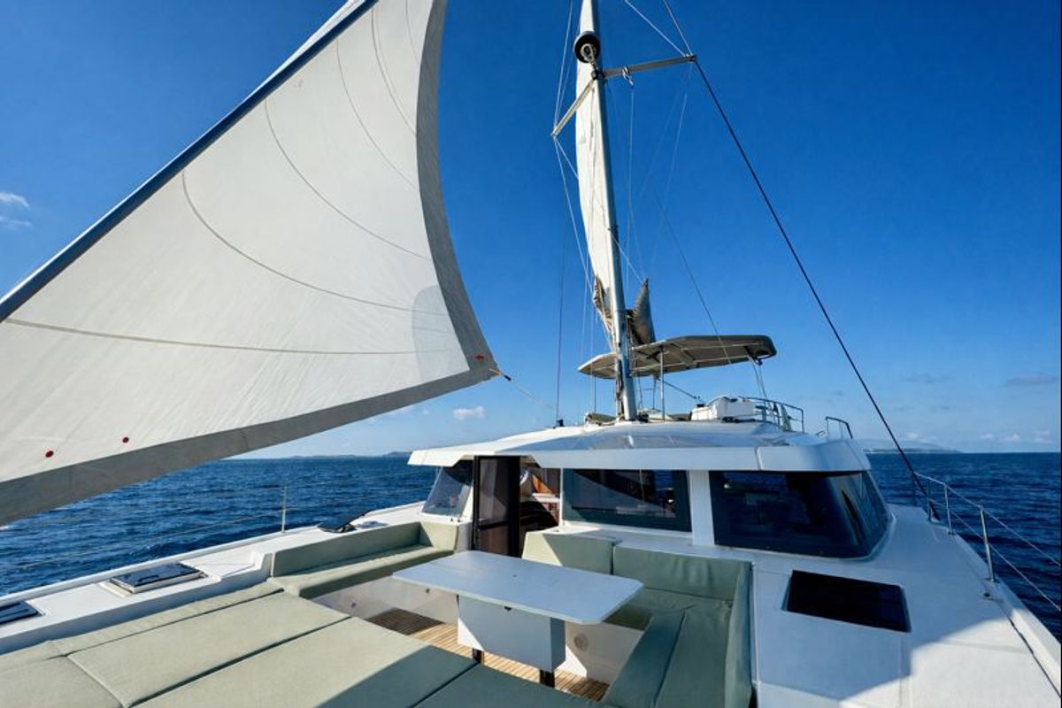 Deck of Rendez vous, a Bali 4.6 catamaran at Olbia, Italy